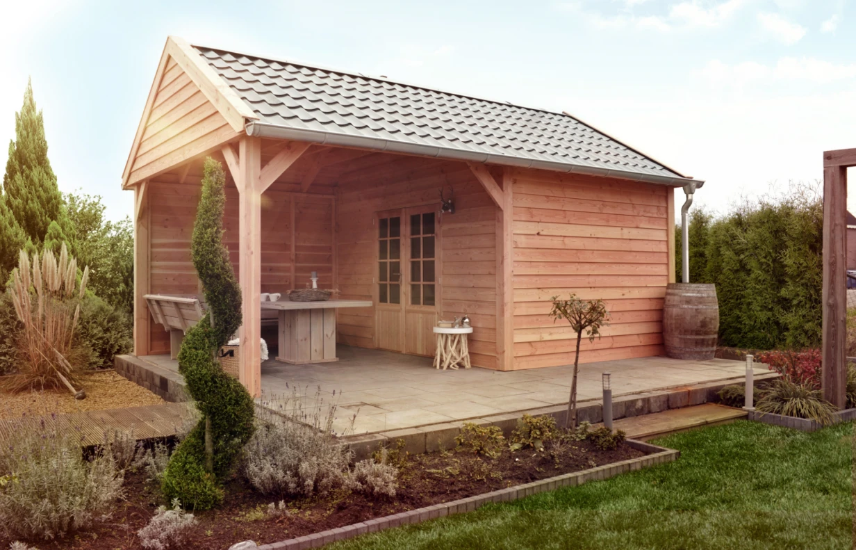 Douglas overkapping zadeldak, 500 x 300, met achterwand en zijwand, Westwood Comfort - Afbeelding 2